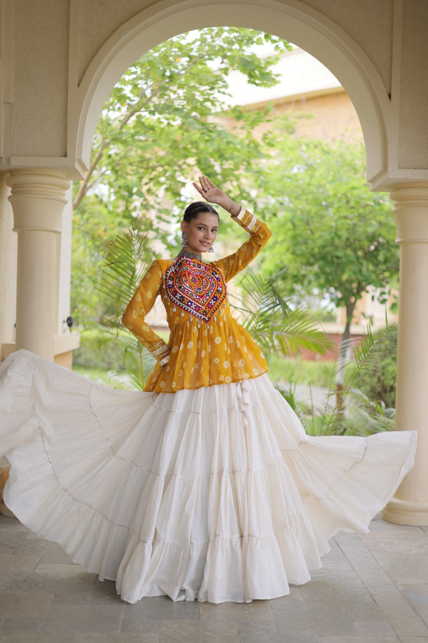 Designer Work Printed Chaniya Choli with Flared White Lehenga
