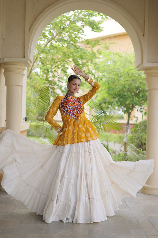 Designer Work Printed Chaniya Choli with Flared White Lehenga