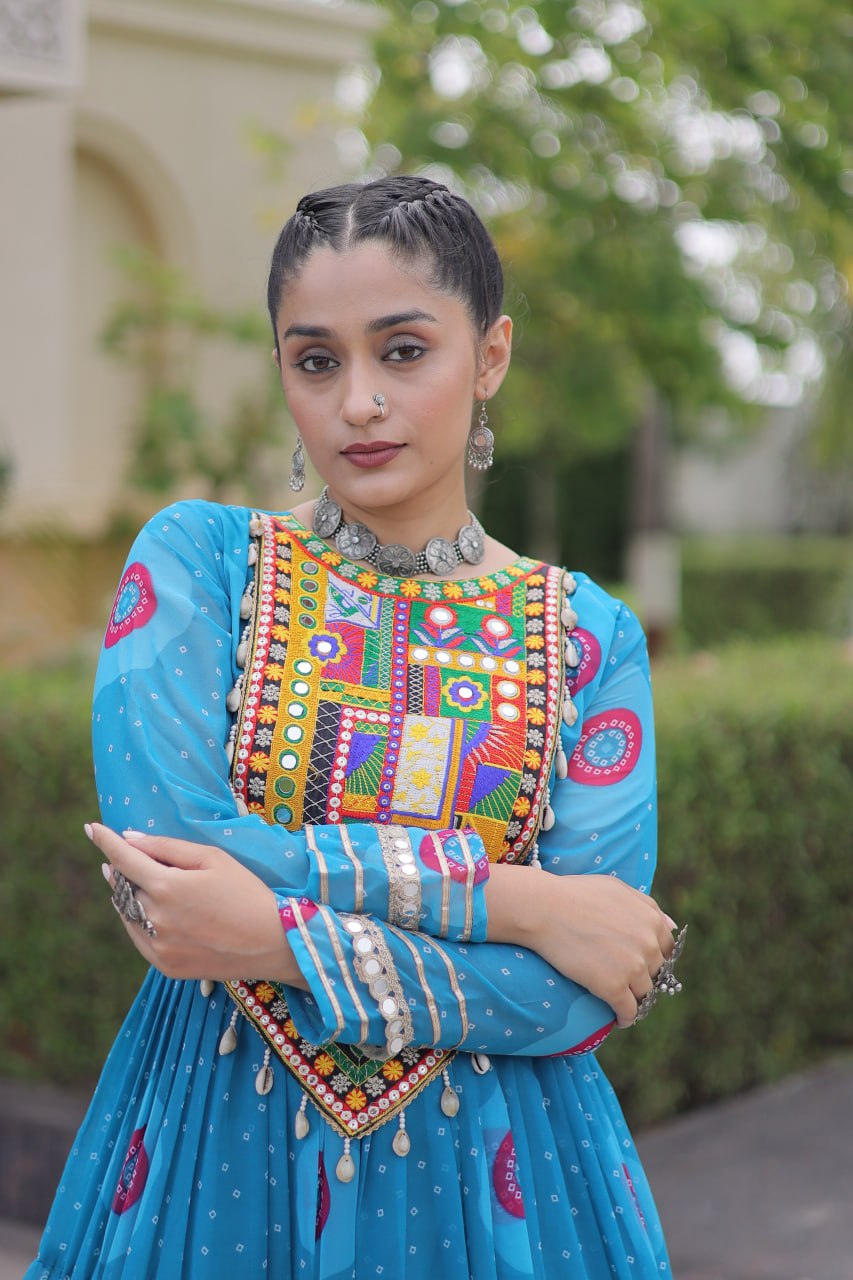 Women’s Navratri Special Bandhani Print Gown with Kutchi Patchwork – 12 Meter Flared Faux Georgette Gown
