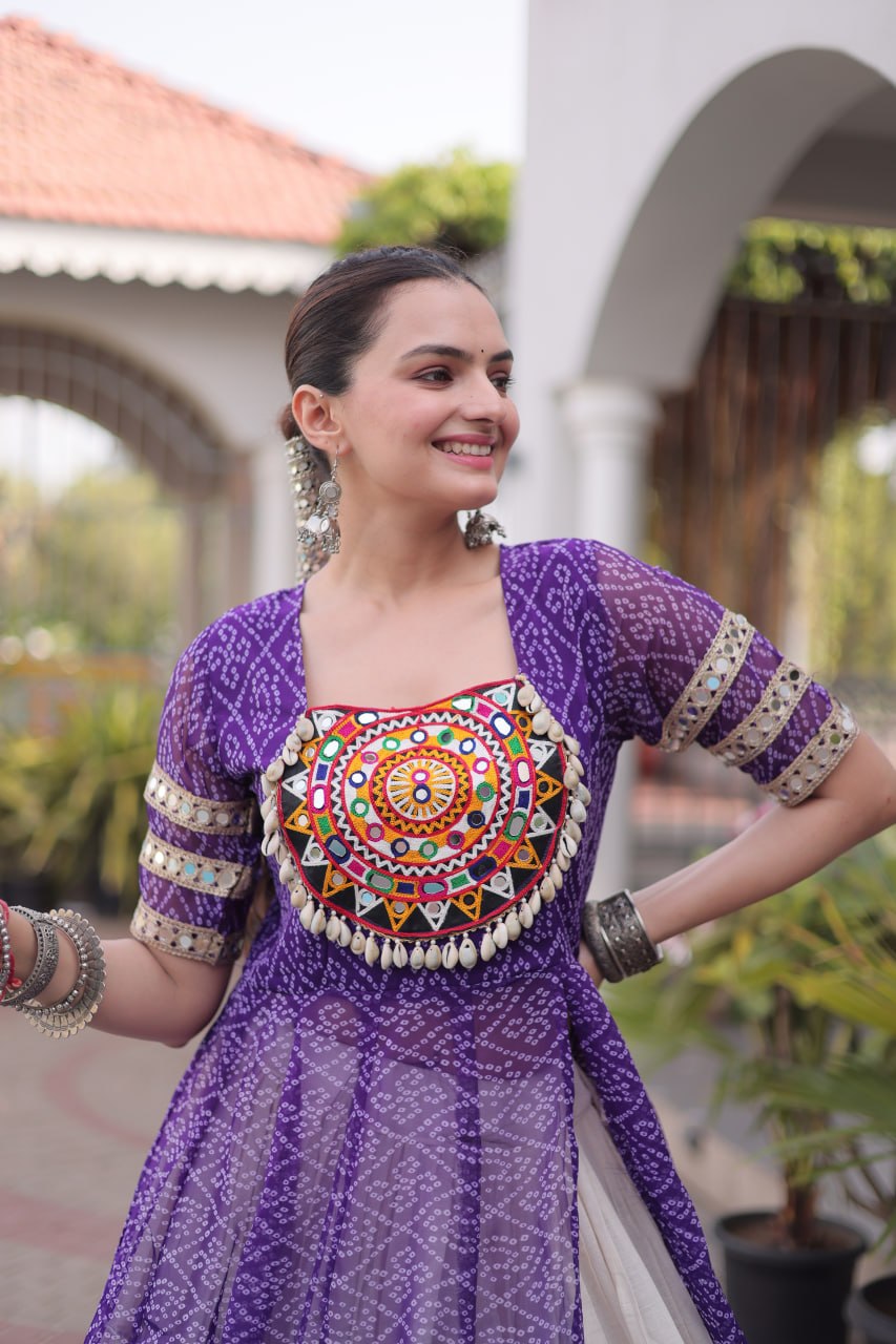 Women’s Designer Bandhani Kurti with Kora Cotton 12 Meter Flared Lehenga – Navratri Special