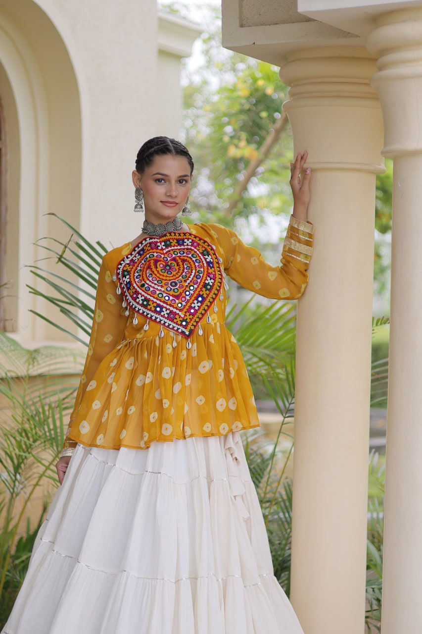 Designer Work Printed Chaniya Choli with Flared White Lehenga