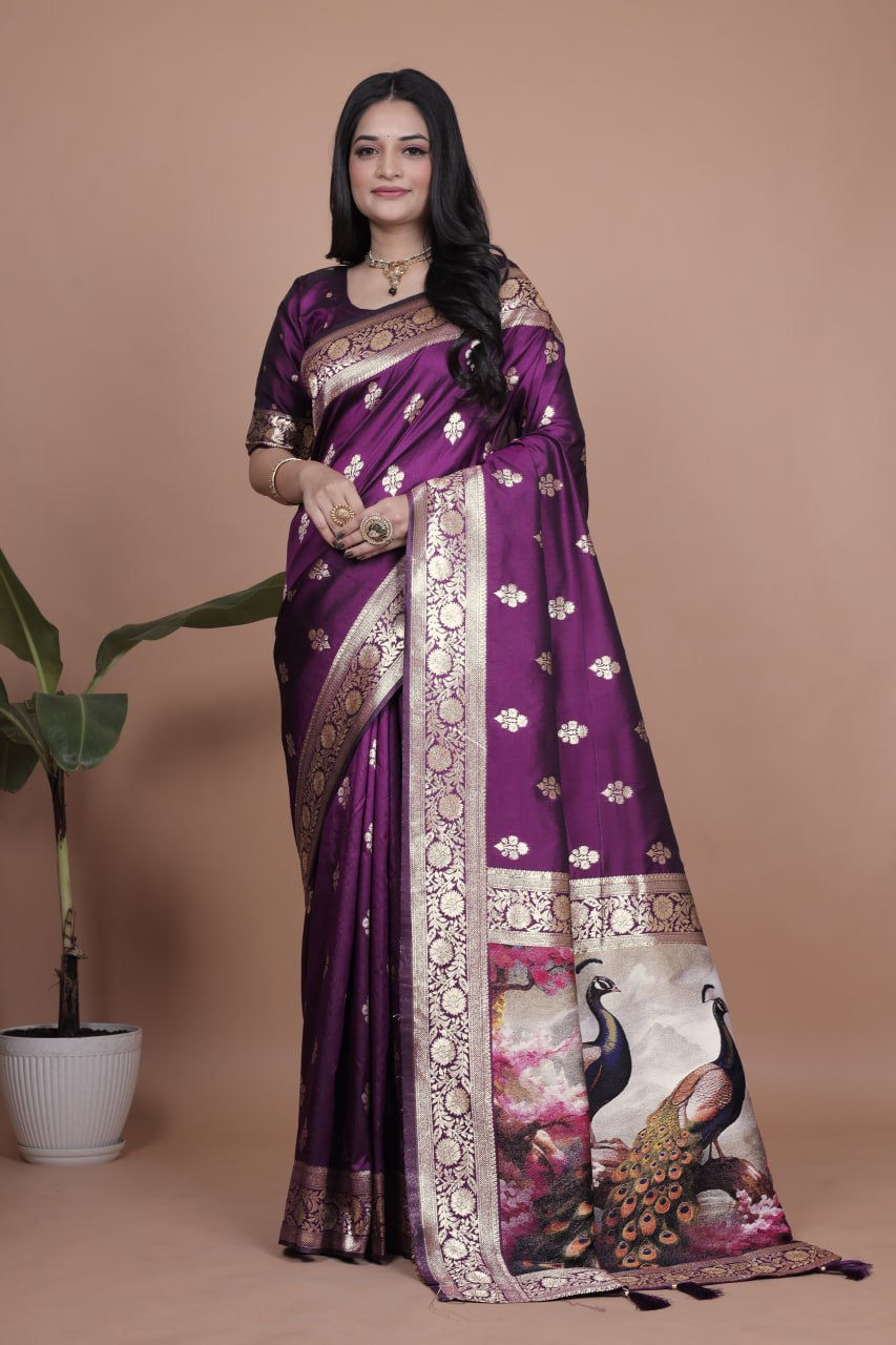 🦚 Jacquard Peacock Weaving Heavy Banarasi Silk Saree | Royal Zari Border ✨