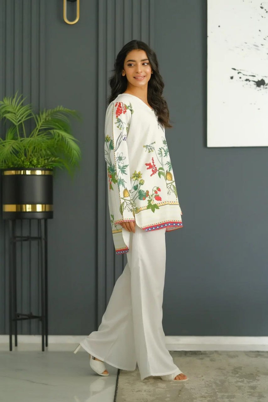 Elegant White Floral Print Kurta & Wide Leg Palazzo Co-Ord Set for Women