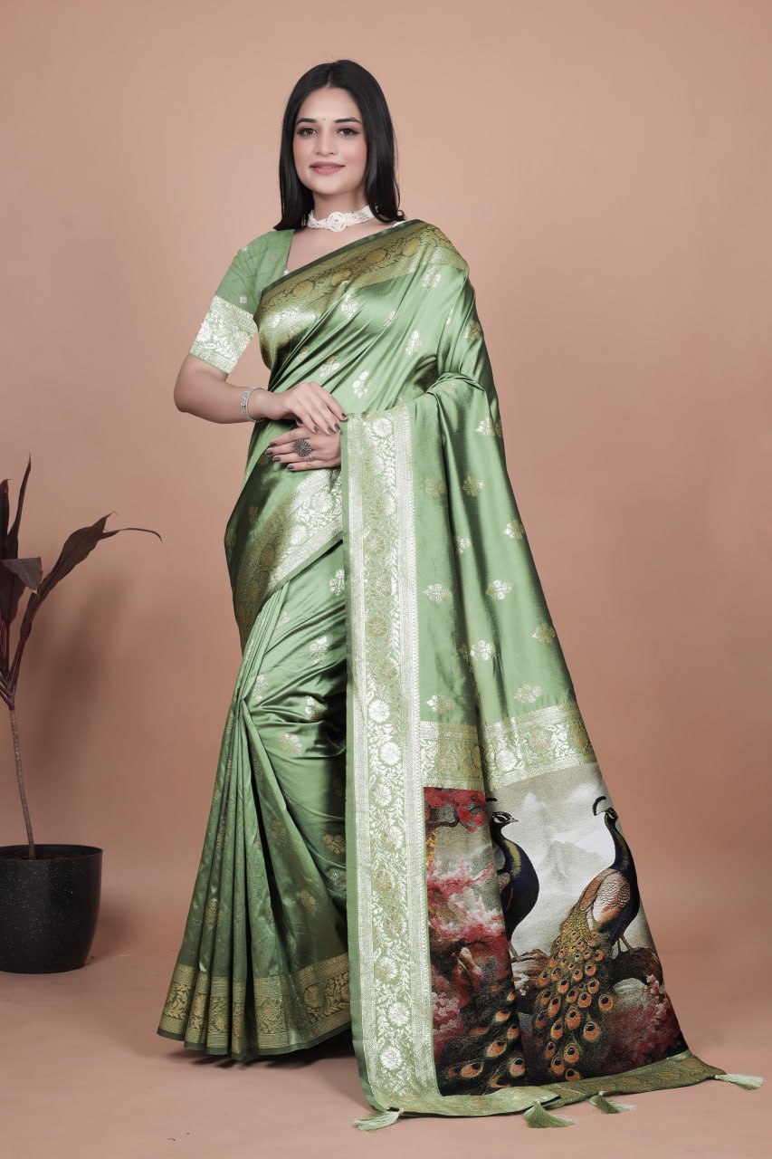 🦚 Jacquard Peacock Weaving Heavy Banarasi Silk Saree | Royal Zari Border ✨