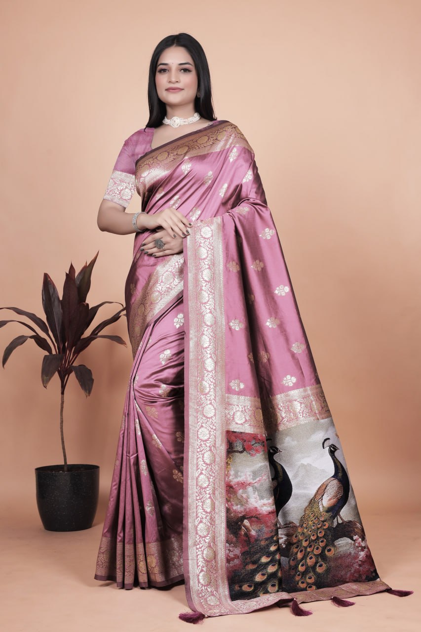 🦚 Jacquard Peacock Weaving Heavy Banarasi Silk Saree | Royal Zari Border ✨
