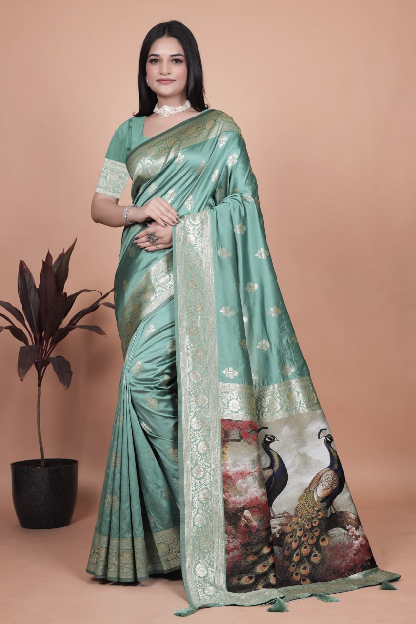 🦚 Jacquard Peacock Weaving Heavy Banarasi Silk Saree | Royal Zari Border ✨