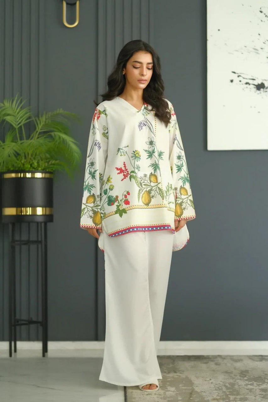 Elegant White Floral Print Kurta & Wide Leg Palazzo Co-Ord Set for Women