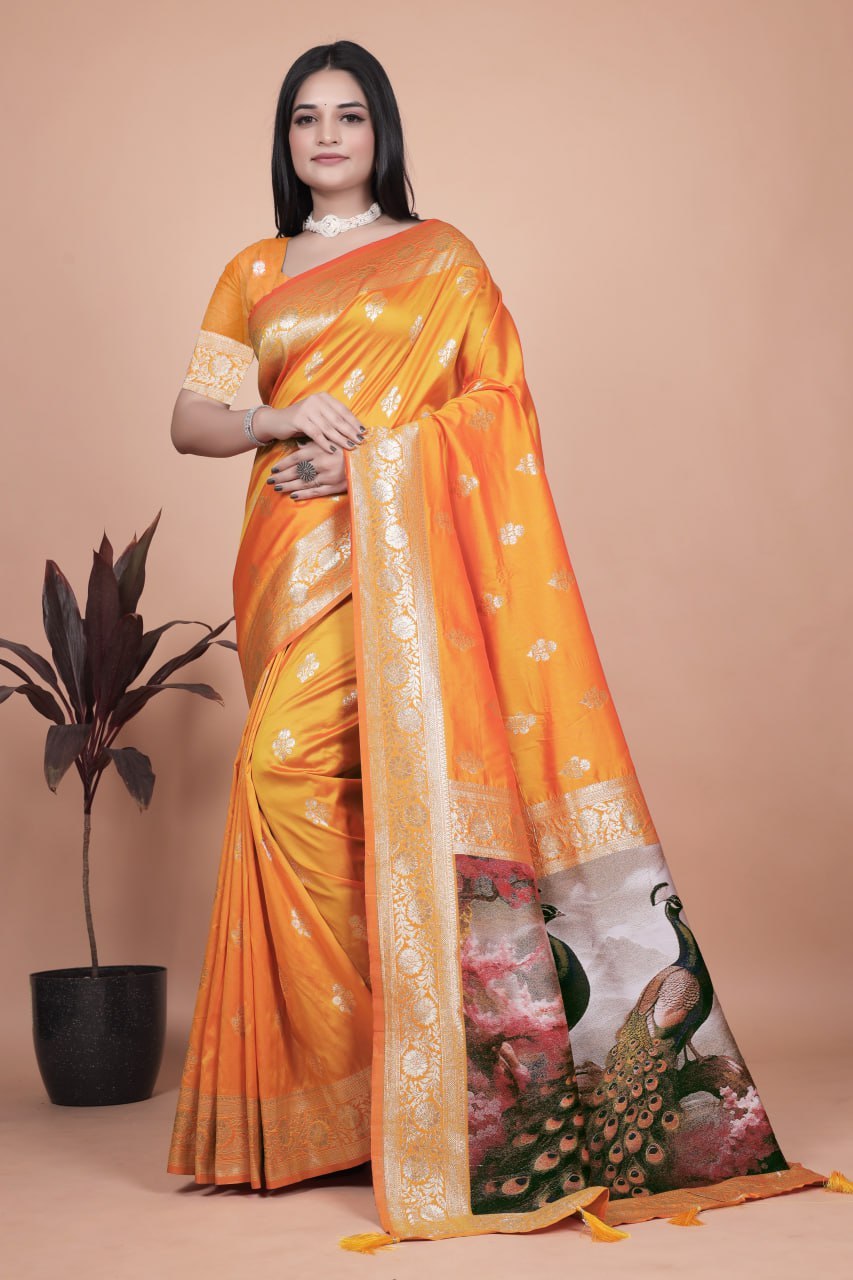 🦚 Jacquard Peacock Weaving Heavy Banarasi Silk Saree | Royal Zari Border ✨
