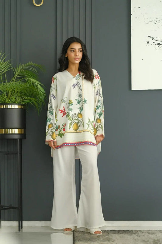 Elegant White Floral Print Kurta & Wide Leg Palazzo Co-Ord Set for Women