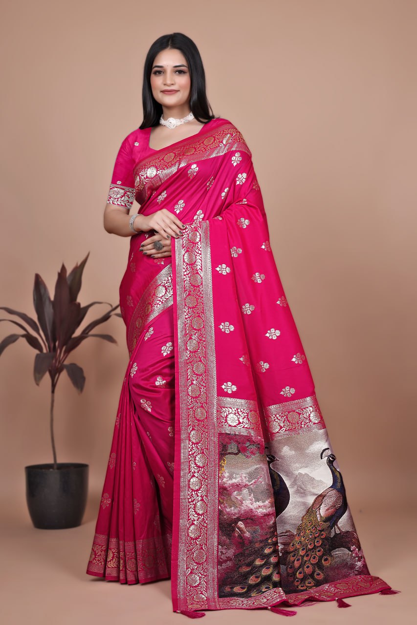 🦚 Jacquard Peacock Weaving Heavy Banarasi Silk Saree | Royal Zari Border ✨