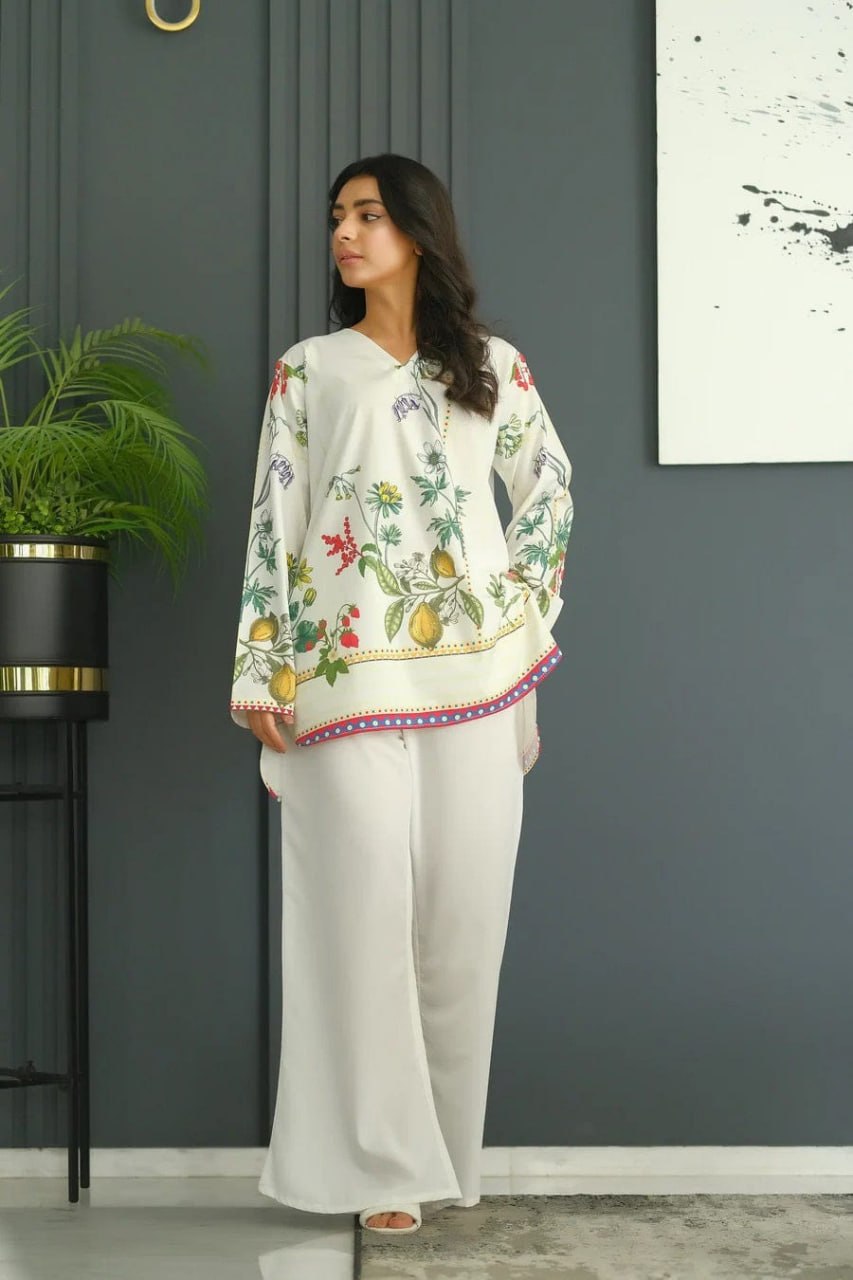 Elegant White Floral Print Kurta & Wide Leg Palazzo Co-Ord Set for Women