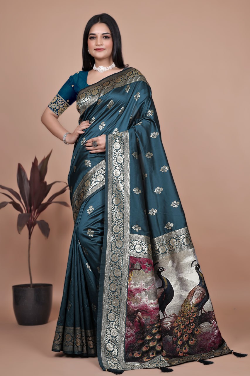 🦚 Jacquard Peacock Weaving Heavy Banarasi Silk Saree | Royal Zari Border ✨
